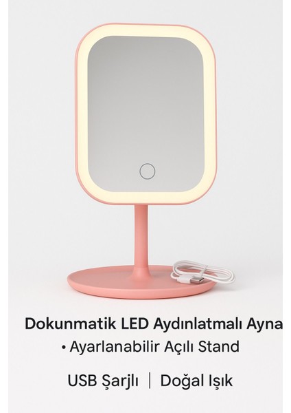 3 Renk Dokunmatik Led'li Taşınabilir Şarjlı Işıklı Makyaj Aynası