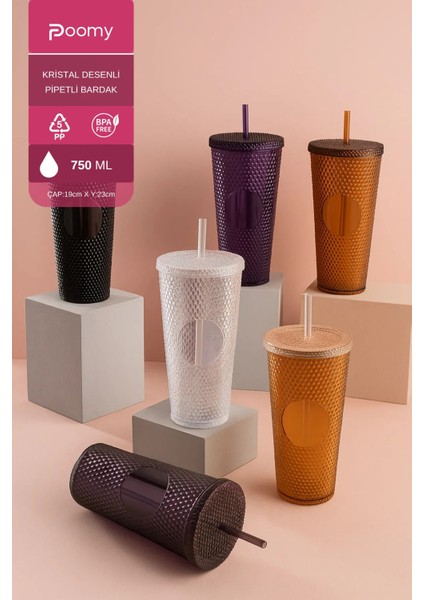 750 ml Renkli Kristal Desenli Kapaklı Pipetli Şeffaf Bardak