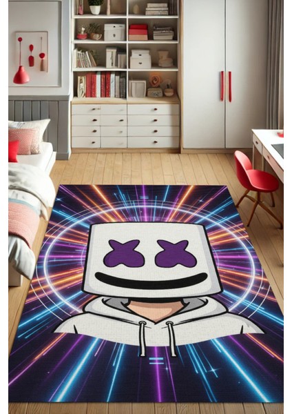 Marsmello Figürlü Renkli Halı Dijital Baskılı Pamuk Dokuma Kaymaz Tabanlı Yıkanabilir Antialerjik Pati Dostu Oyun Halısı