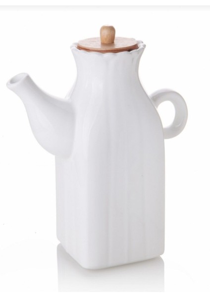 Beyaz 1000 ml Kare Porselen Yağdanlık, Bambu Kapaklı, Papatya Desenli