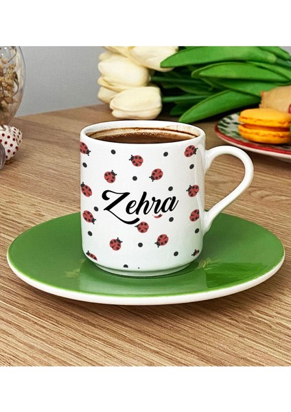 Yeşil Uğur Böceği Desenli Kişiye Özel Türk Kahvesi Fincanı