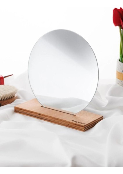 Yuvarlak Ahşap Makyaj Aynası, Masa Üstü, Şık ve Kullanışlı, Kahverengi