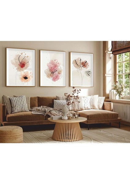 Kahverengi Ahşap Çerçeveli Minimalist 3'lü Duvar Sanatı