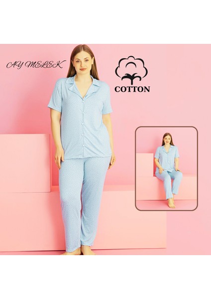 Ay Melek Kadın Pijama Takımı Pamuklu Geniş Beden Gömlek ve Pijama Seti (Battal Boy)