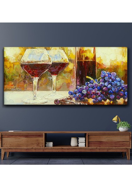 Mor Kanvas Tablo, Dekoratif Şarap Kadeh ve Üzüm Tasarımı