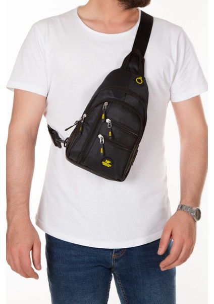 Erkek Kumaş USB Kulaklık Çıkışlı Bodybag Göğüs ve Omuz Çantası NEW172 - Siyah - Sarı