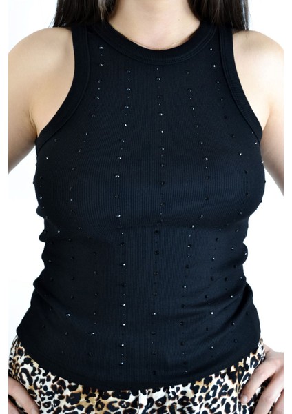 Önü Taş Işlemeli Kolsuz Body Atlet - Siyah fırsatları