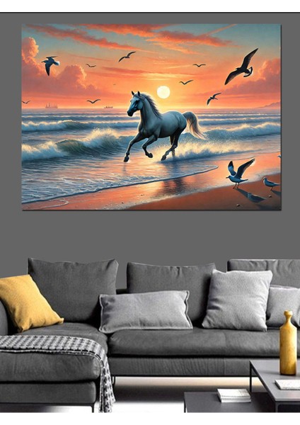 Deniz Kenarında Vahşi At Temalı Renkli Dekoratif Kanvas ve Mdf Ahşap Tablo