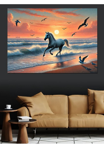 Deniz Kenarında Vahşi At Temalı Renkli Dekoratif Kanvas ve Mdf Ahşap Tablo fiyatları