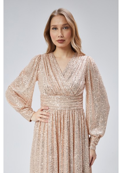 Kadın Abiye ve Mezuniyet Kruvaze Yaka Korsajlı Payetli Kumaş Abiye Elbise fiyatları