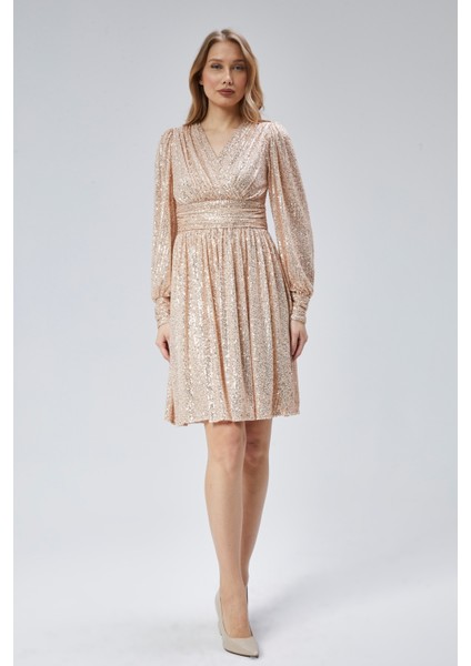 Kadın Abiye ve Mezuniyet Kruvaze Yaka Korsajlı Payetli Kumaş Abiye Elbise