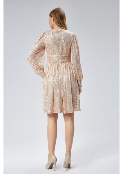 Kadın Abiye ve Mezuniyet Kruvaze Yaka Korsajlı Payetli Kumaş Abiye Elbise modelleri