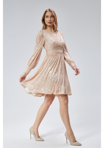 Kadın Abiye ve Mezuniyet Kruvaze Yaka Korsajlı Payetli Kumaş Abiye Elbise fırsatları