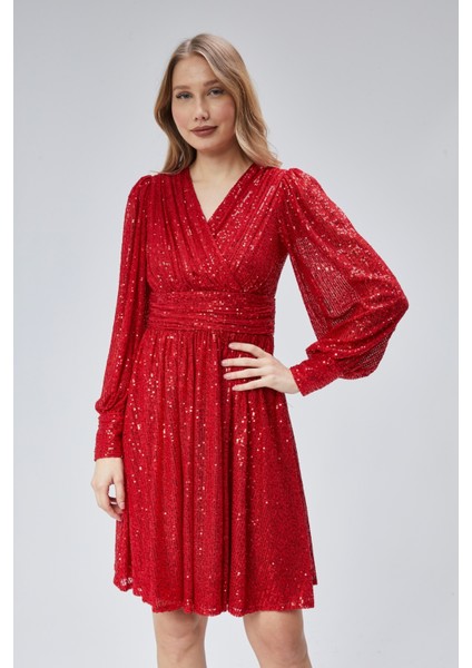 Kadın Abiye ve Mezuniyet Kruvaze Yaka Korsajlı Payetli Kumaş Abiye Elbise fiyatları