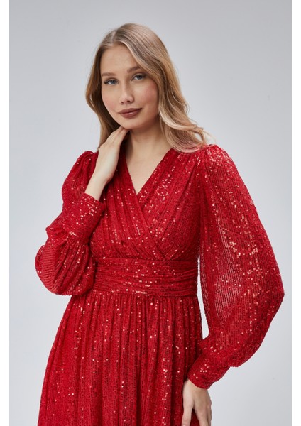 Kadın Abiye ve Mezuniyet Kruvaze Yaka Korsajlı Payetli Kumaş Abiye Elbise modelleri