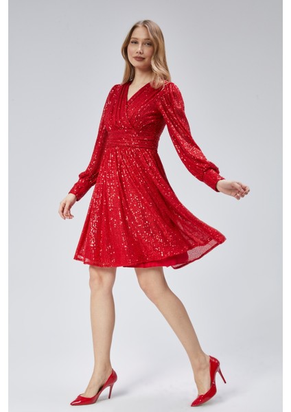 Kadın Abiye ve Mezuniyet Kruvaze Yaka Korsajlı Payetli Kumaş Abiye Elbise