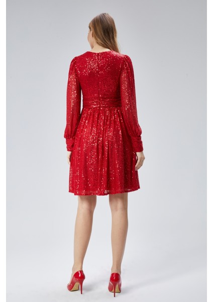 Kadın Abiye ve Mezuniyet Kruvaze Yaka Korsajlı Payetli Kumaş Abiye Elbise fırsatları