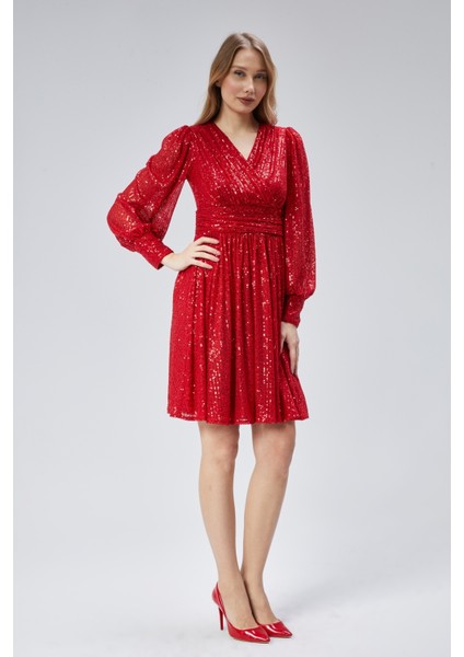 Kadın Abiye ve Mezuniyet Kruvaze Yaka Korsajlı Payetli Kumaş Abiye Elbise indirimleri