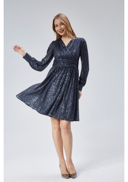 Kadın Abiye ve Mezuniyet Kruvaze Yaka Korsajlı Payetli Kumaş Abiye Elbise fiyatları