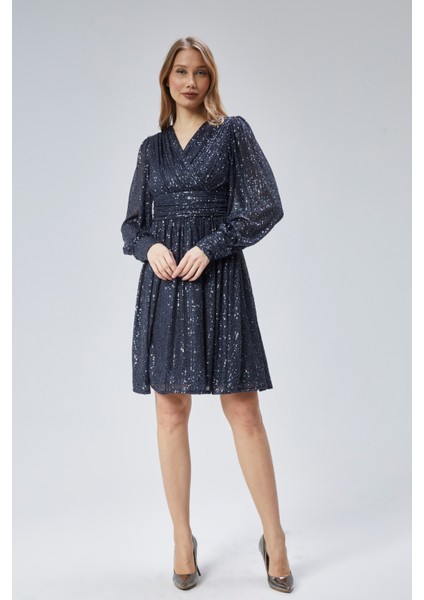 Kadın Abiye ve Mezuniyet Kruvaze Yaka Korsajlı Payetli Kumaş Abiye Elbise modelleri