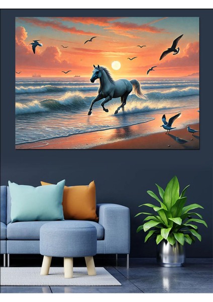 Deniz Kenarında Vahşi At Temalı Renkli Dekoratif Kanvas ve Mdf Ahşap Tablo modelleri