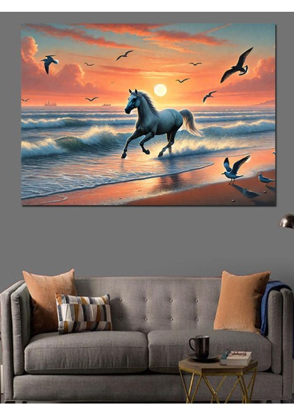 Deniz Kenarında Vahşi At Temalı Renkli Dekoratif Kanvas ve Mdf Ahşap Tablo fırsatları