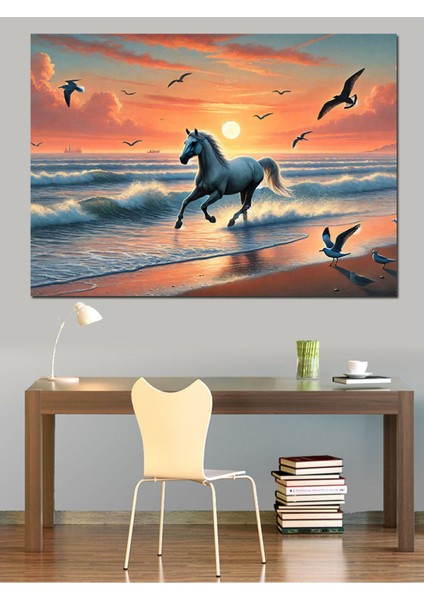 Deniz Kenarında Vahşi At Temalı Renkli Dekoratif Kanvas ve Mdf Ahşap Tablo indirimleri
