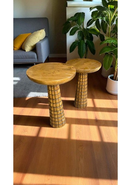 Masif Tütün Renk Ahşap Sehpa Takımı – 2’li Zigon ve Fiskos Yan Sehpa