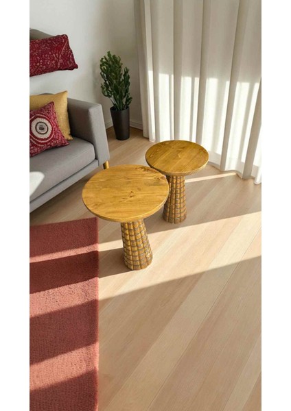 Masif Tütün Renk Ahşap Sehpa Takımı – 2’li Zigon ve Fiskos Yan Sehpa fiyatları