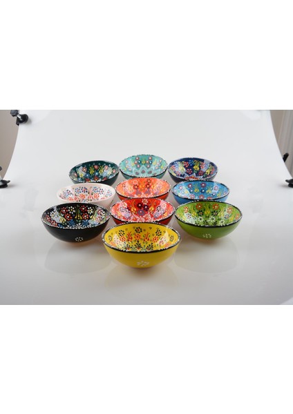 El Yapımı Renkli Lale Motifli Seramik Kase Takımı, 15 Cm, 2'li Set