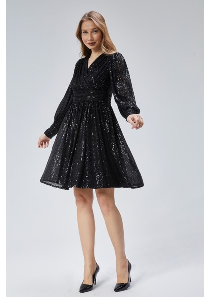 Kadın Abiye ve Mezuniyet Kruvaze Yaka Korsajlı Payetli Kumaş Abiye Elbise