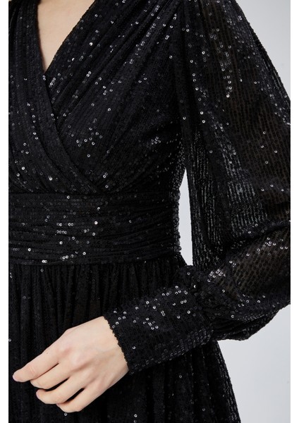 Kadın Abiye ve Mezuniyet Kruvaze Yaka Korsajlı Payetli Kumaş Abiye Elbise indirimleri