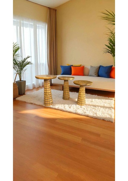 Rustik Mantar Sehpa Takımı – 3’lü Doğal Ahşap Tütün Renk Masif Yan Sehpa