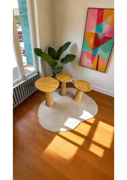 Rustik Mantar Sehpa Takımı – 3’lü Doğal Ahşap Tütün Renk Masif Yan Sehpa fiyatları