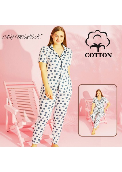 Ay Melek Kadın Pijama Takımı Pamuklu Geniş Beden Gömlek ve Pijama Seti (Battal Boy)