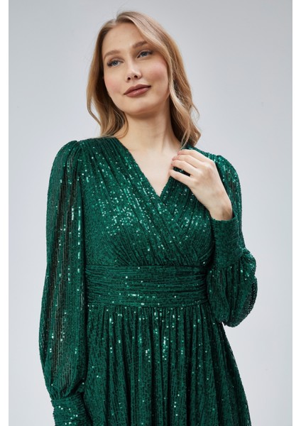 Kadın Abiye ve Mezuniyet Kruvaze Yaka Korsajlı Payetli Kumaş Abiye Elbise modelleri