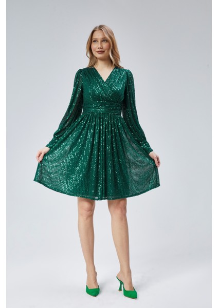 Kadın Abiye ve Mezuniyet Kruvaze Yaka Korsajlı Payetli Kumaş Abiye Elbise