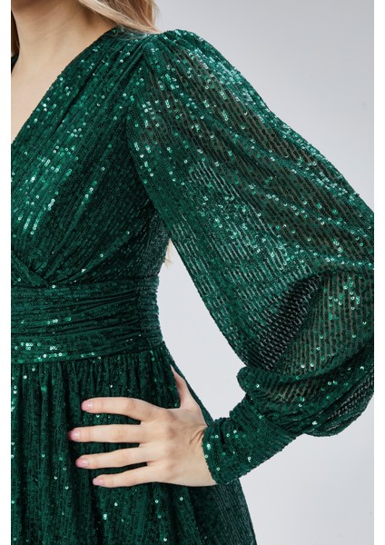 Kadın Abiye ve Mezuniyet Kruvaze Yaka Korsajlı Payetli Kumaş Abiye Elbise indirimleri