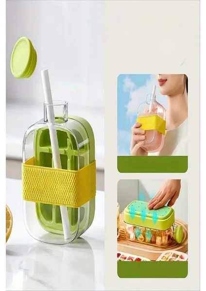 2'li Basmalı Yeni Nesilbuz Kalıbı Pipetli Su Şişesi Bölmeli Hazneli Buz Küpü 800 ml 500 ml modelleri