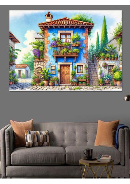 Renkli Mavi Pencereli Taş Ev Dekoratif Kanvas ve Ahşap Tablo