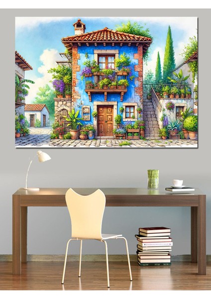 Renkli Mavi Pencereli Taş Ev Dekoratif Kanvas ve Ahşap Tablo fiyatları