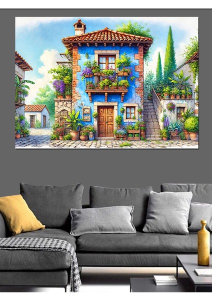 Renkli Mavi Pencereli Taş Ev Dekoratif Kanvas ve Ahşap Tablo modelleri