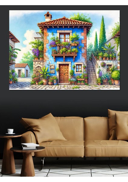 Renkli Mavi Pencereli Taş Ev Dekoratif Kanvas ve Ahşap Tablo fırsatları