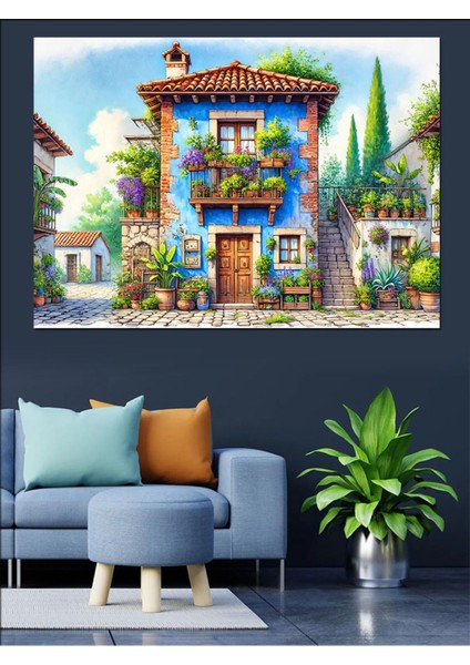 Renkli Mavi Pencereli Taş Ev Dekoratif Kanvas ve Ahşap Tablo indirimleri