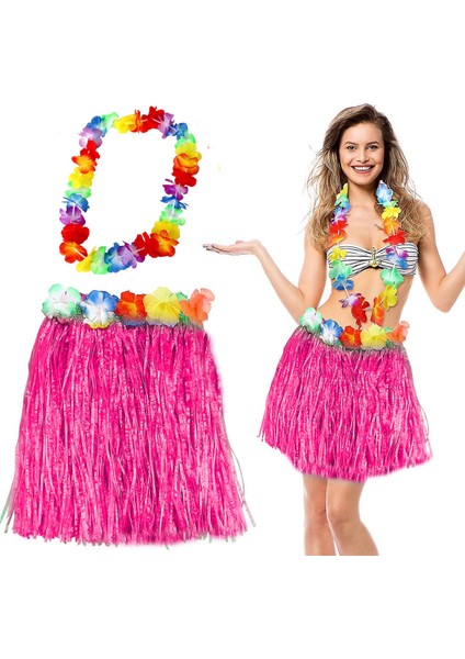 Hawaii Luau Aloha Pembe Püsküllü 40 cm Etek ve Hawaii Kolye Seti
