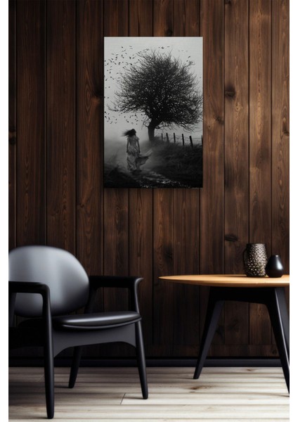 Siyah Beyaz Ağaca Yürüyen Kadın Kanvas Tablo, Renkli Dekorasyon Parçası