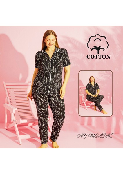 Ay Melek Kadın Pijama Takımı Pamuklu Geniş Beden Gömlek ve Pijama Seti (Battal Boy)