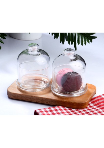 Ahşap Stantlı Şeffaf Saklama Seti, 2'li Kurabiyelik ve Kuruyemişlik
