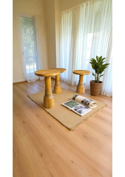 Rustik Tütün Renk Mantar Sehpa – 3’lü Masif Ahşap Zigon ve Yan Sehpa Seti