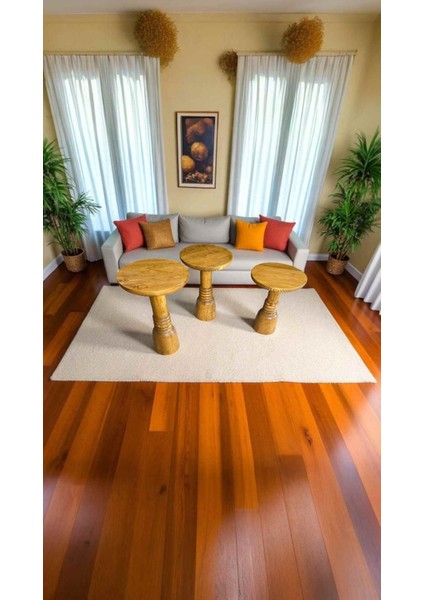 Rustik Tütün Renk Mantar Sehpa – 3’lü Masif Ahşap Zigon ve Yan Sehpa Seti modelleri